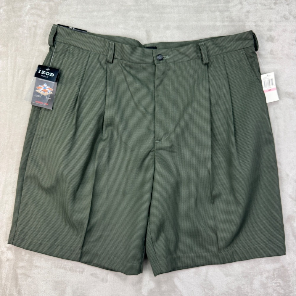 IZOD Golf Shorts Mens 40 Green Classic Pleated Cool FX Micro Check New